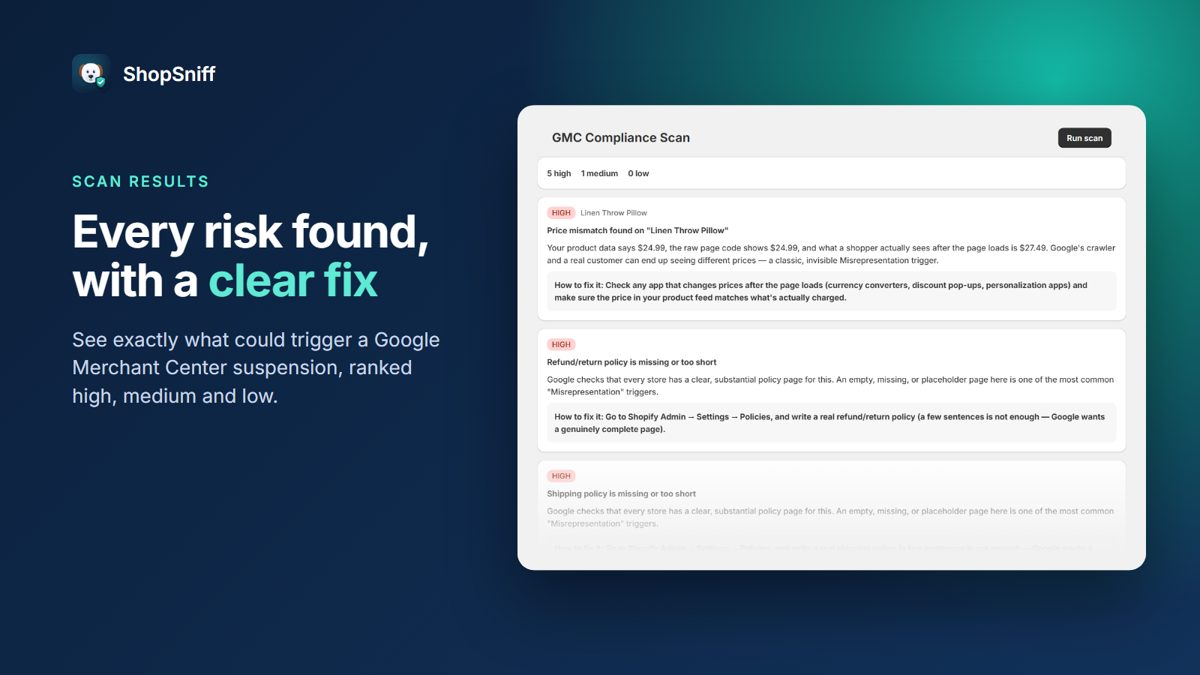 ShopSniff scan results, each risk with a clear fix